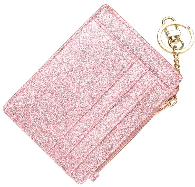 woogwin Slim RFID Credit Card Holder for Women Mini Front Pocket Wallet Purse With Keychain(starRosegold) - Image 1